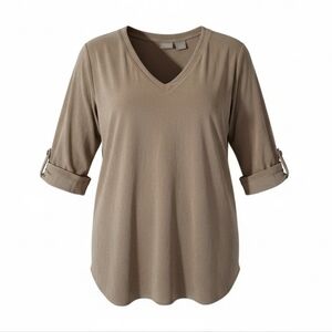 Chico's Travelers Women's Tan V-Neck Roll-Up Sleeve Tunic Top Size 3 Or XL